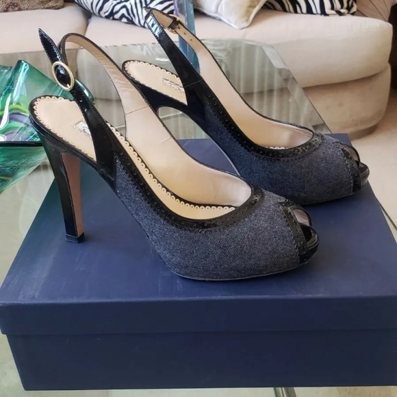 $695 OSCAR DE LA RENTA GRAY FELT BLACK PATENT PLATFORM PUMPS SHOES OPEN TOE 9 - Picture 2 of 8